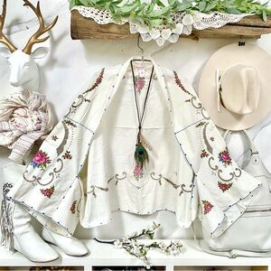 Artisan farmhouse embroidered floral detailing gypsy sleeves boho cover up